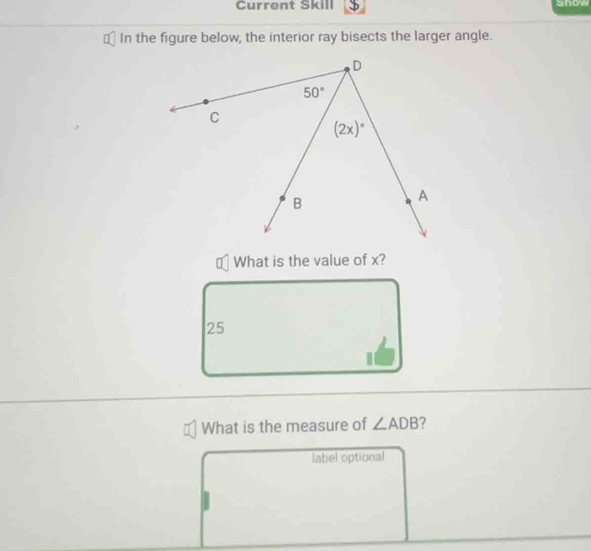 in the figure below, the interior ray bisects the larger angle. what is…