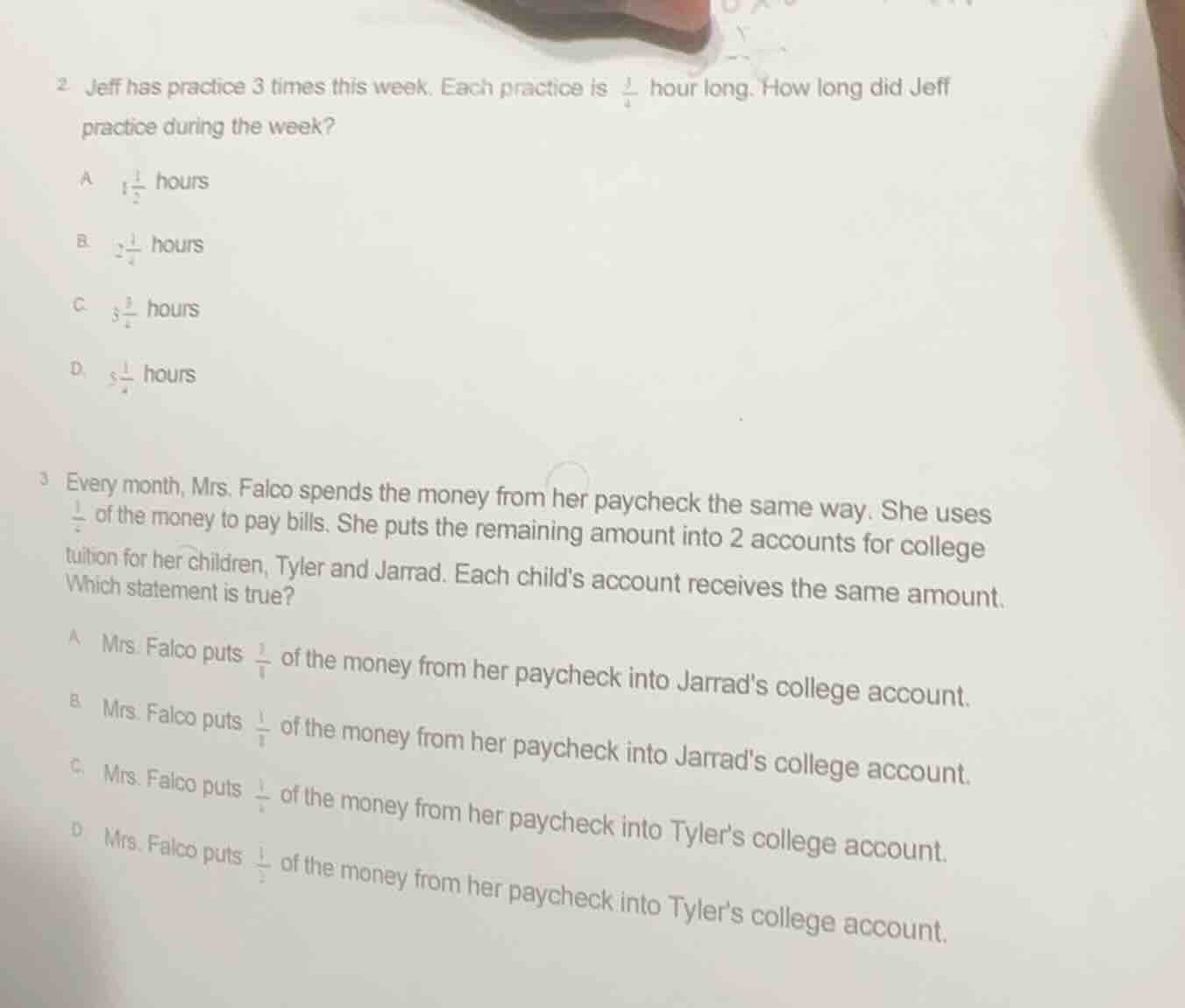 2 jeff has practice 3 times this week. each practice is \\(\\frac{3}{4}…