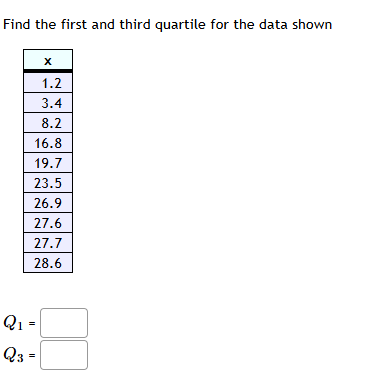 find the first and third quartile for the data shown\ x\ 1.2\ 3.4\ 8.2\…