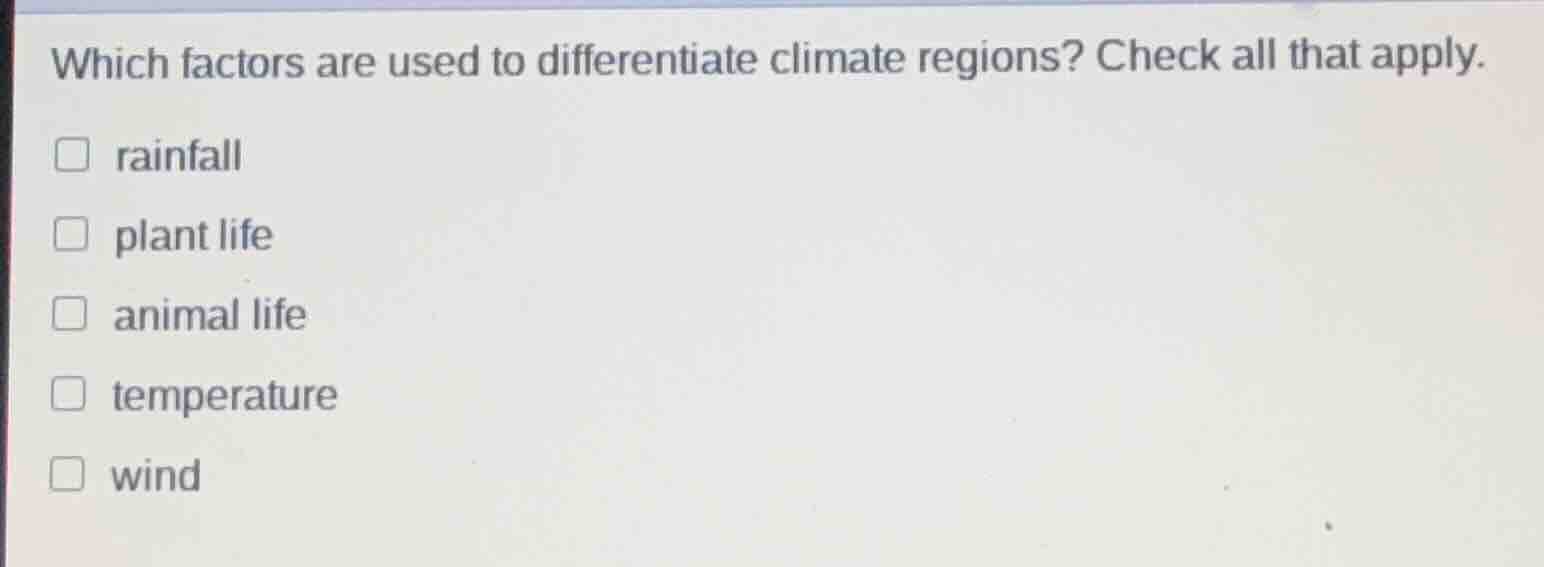 which factors are used to differentiate climate regions? check all that…