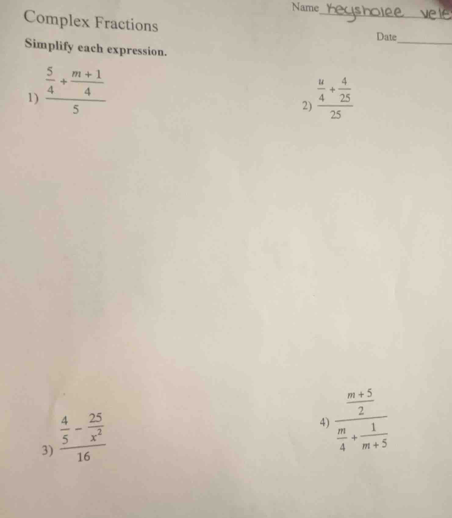 complex fractions simplify each expression. 1) \\(dfrac{dfrac{5}{4} + d…