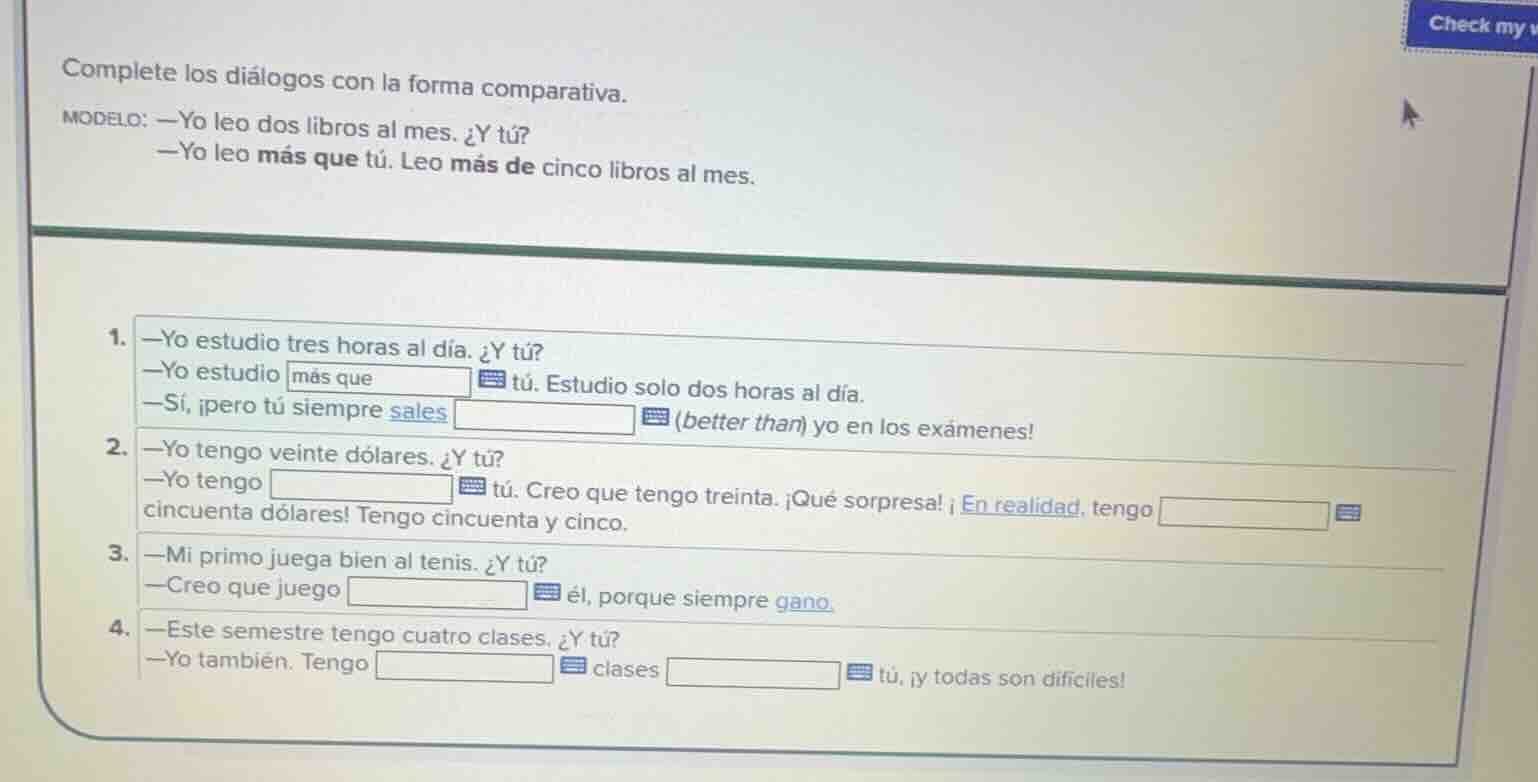 complete los diálogos con la forma comparativa. modelo: —yo leo dos lib…