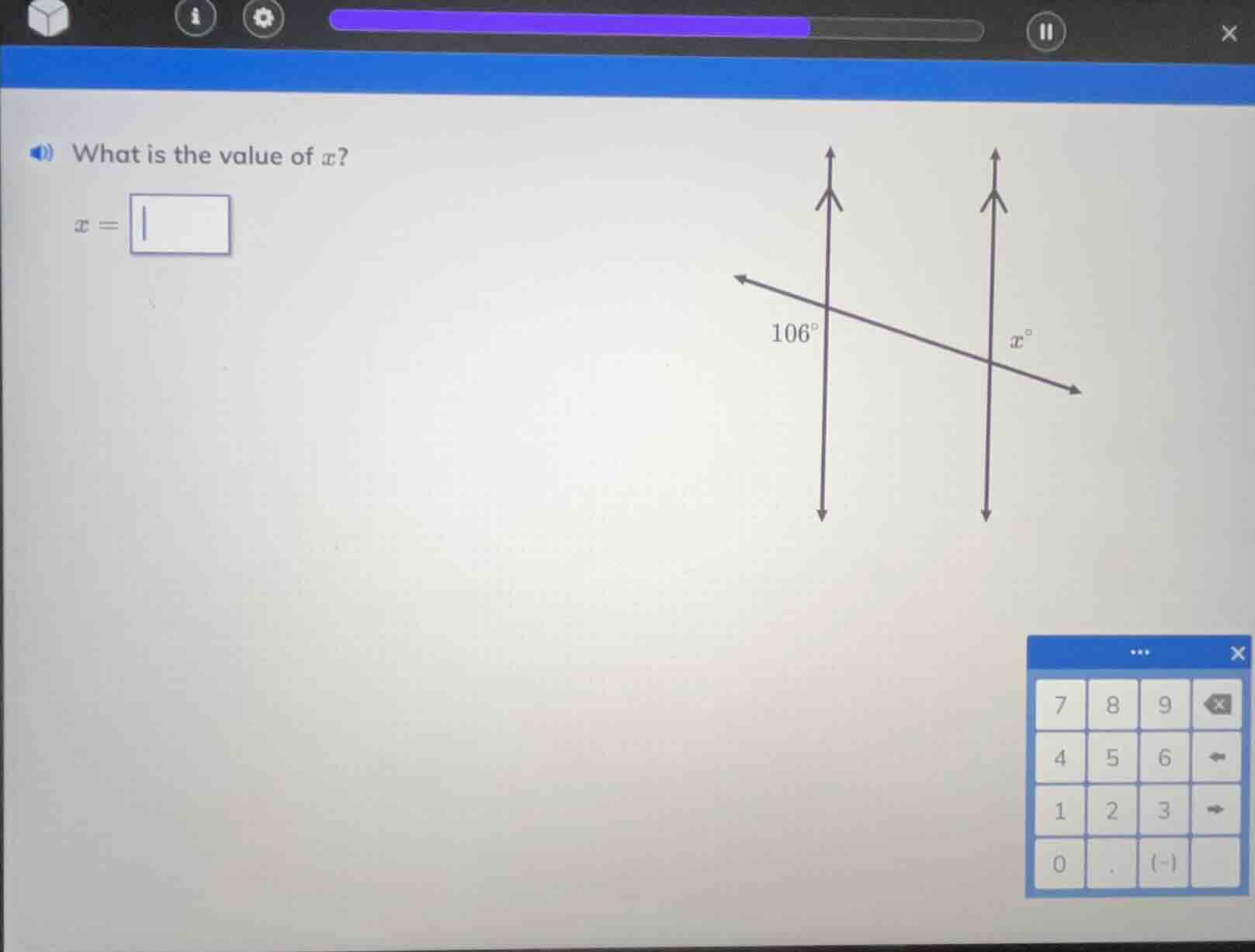 what is the value of x? x = (there is a diagram showing two parallel ve…