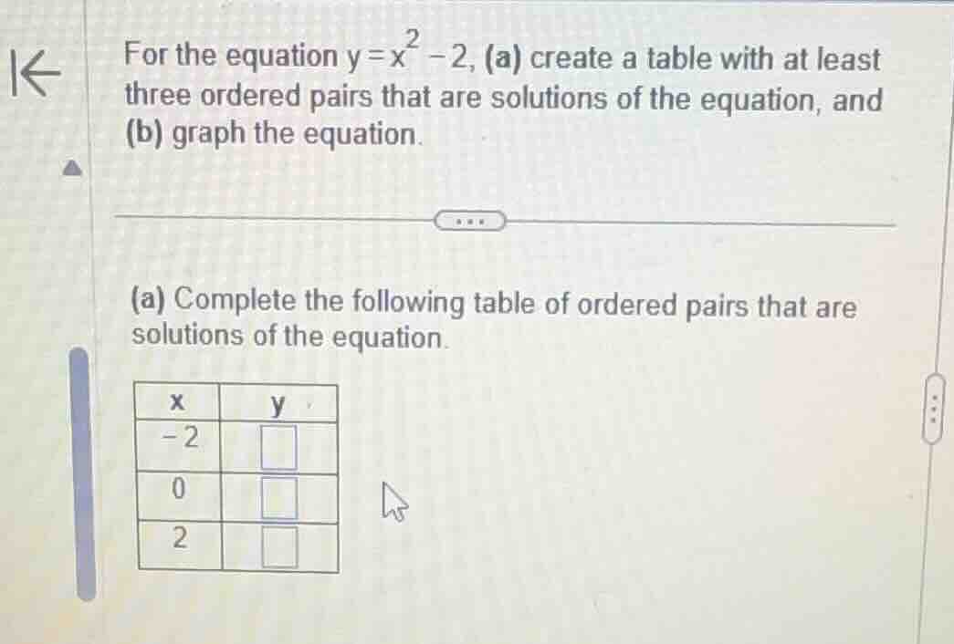 for the equation $y = x^2 - 2$, (a) create a table with at least three …