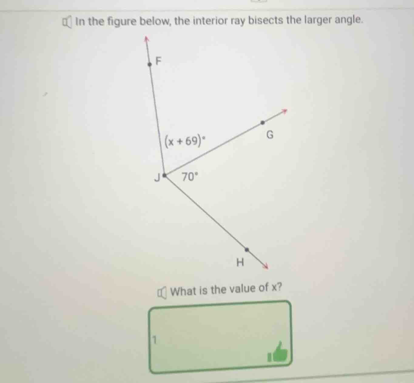 in the figure below, the interior ray bisects the larger angle. what is…