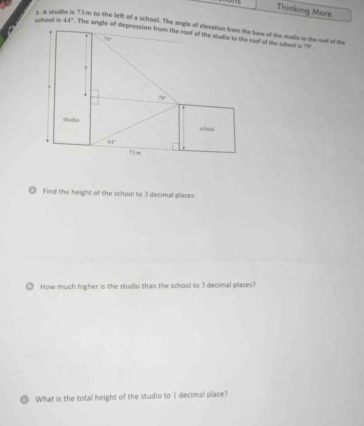1. a studio is 73m to the left of a school. the angle of elevation from…
