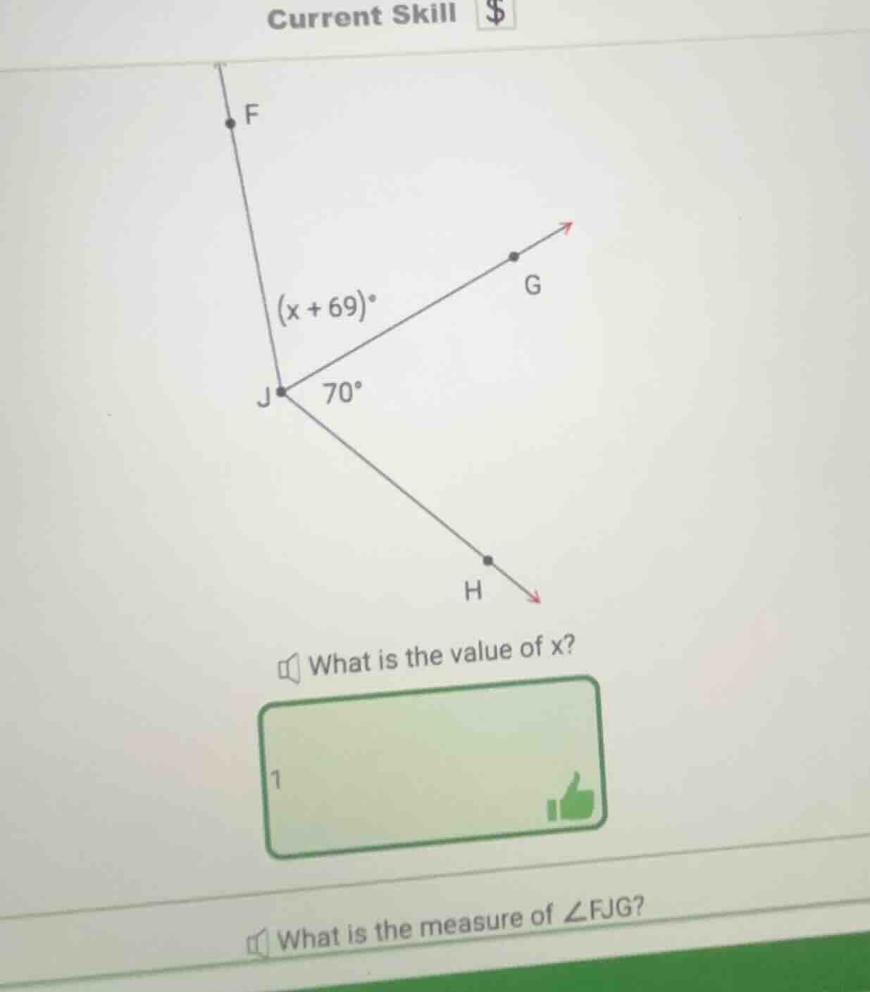 current skill $ f (x + 69)° g j 70° h what is the value of x? what is t…