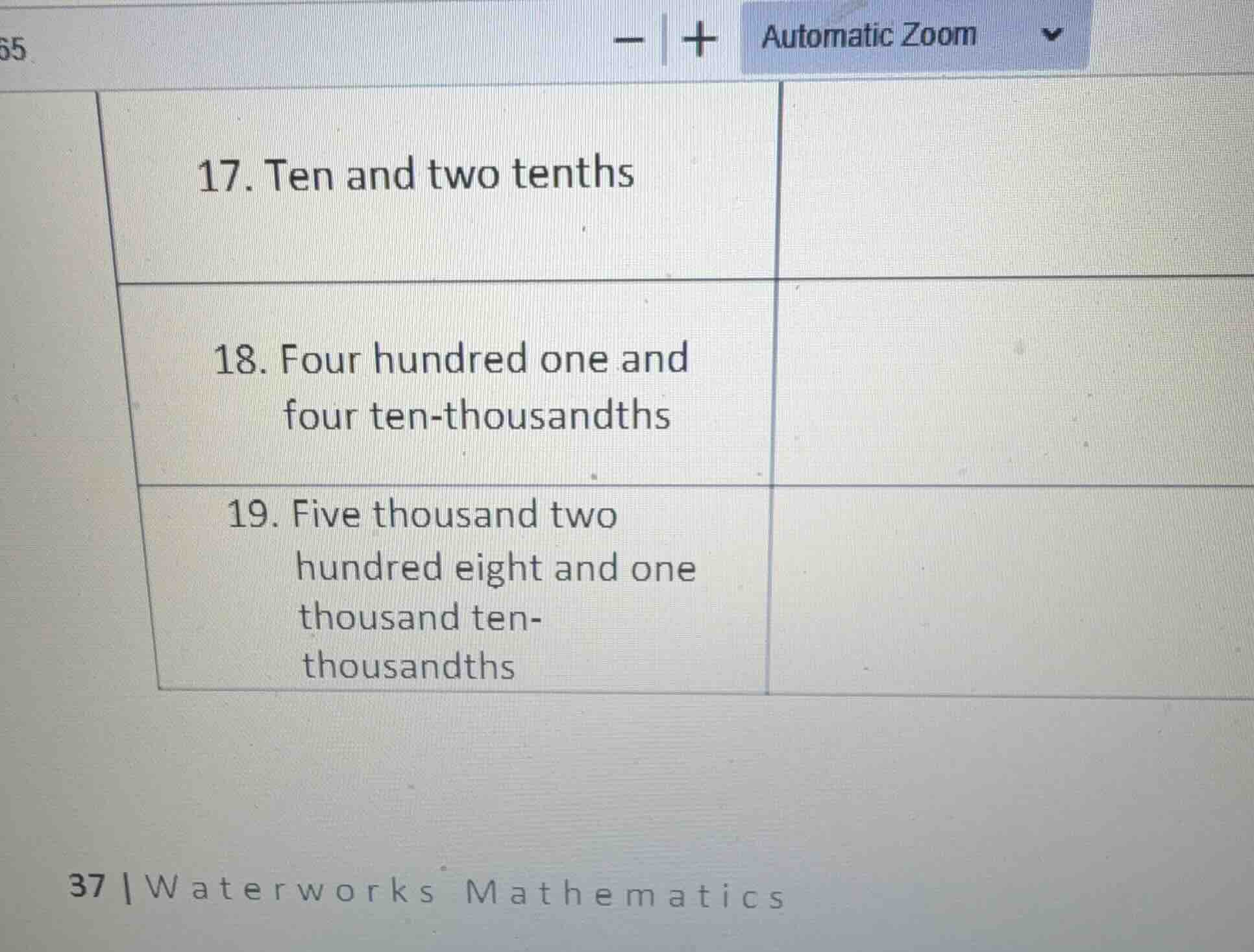 17. ten and two tenths 18. four hundred one and four ten - thousandths …