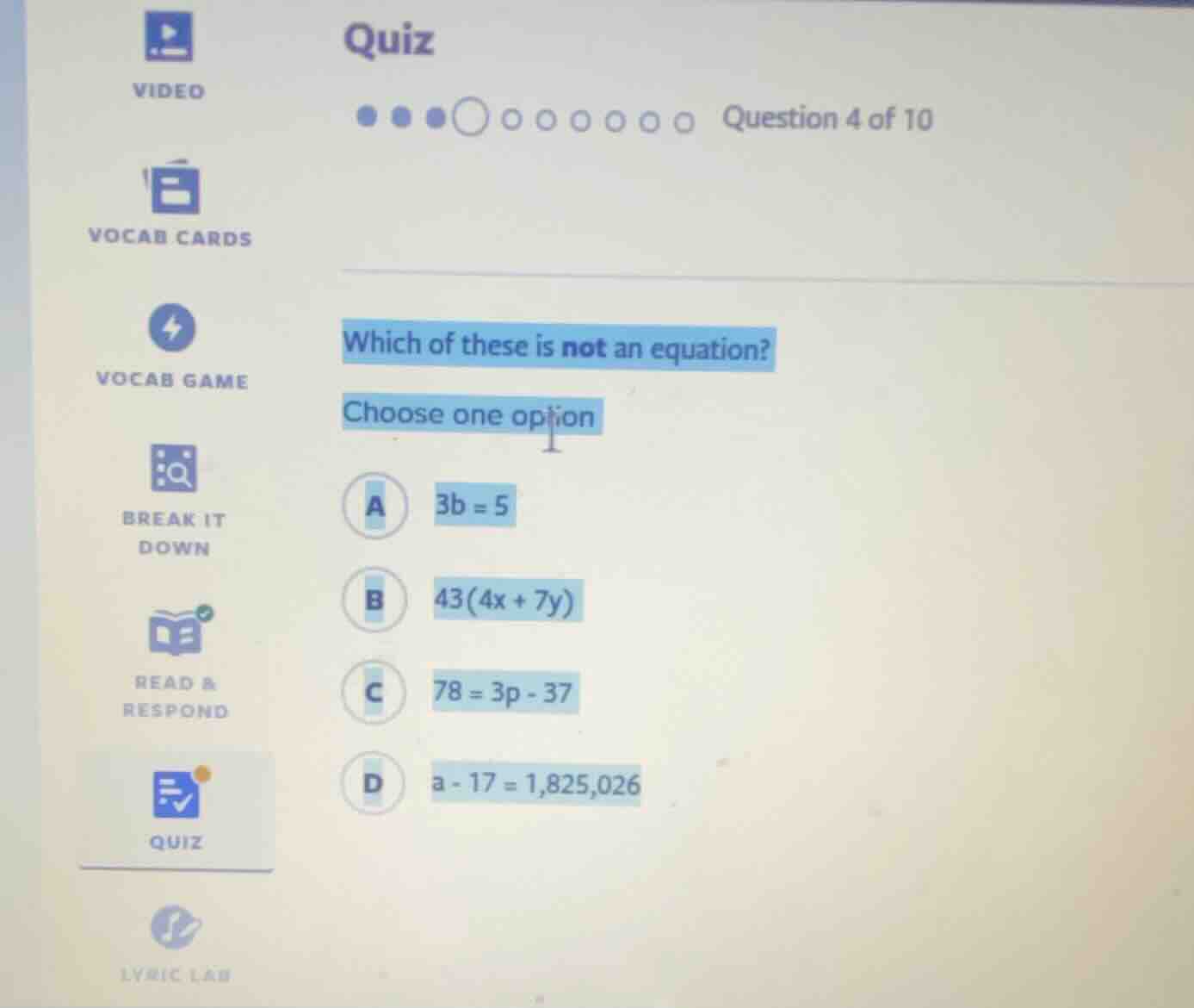 quiz question 4 of 10 which of these is not an equation? choose one opt…