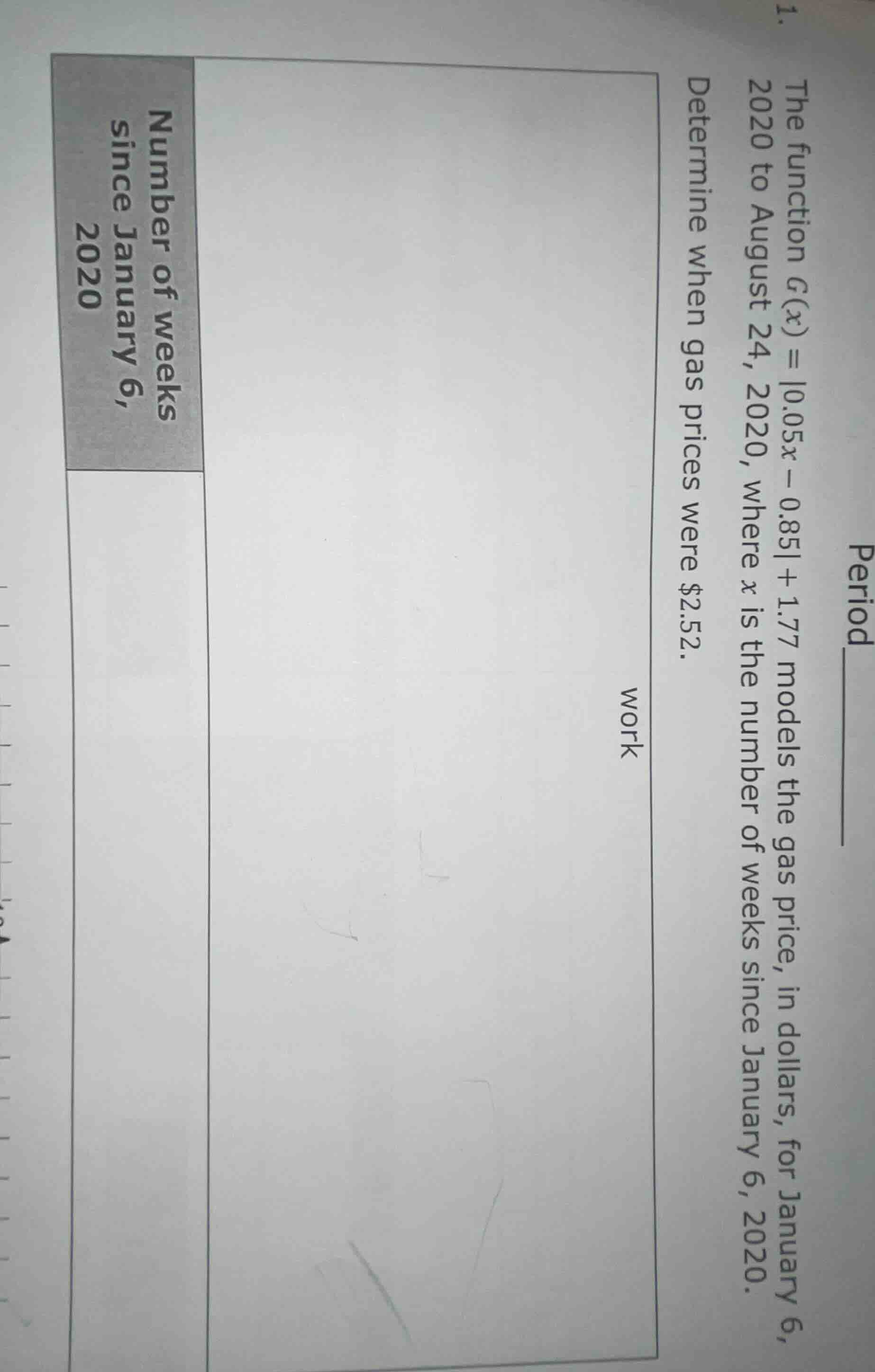 1. the function ( g(x) = |0.05x - 0.85| + 1.77 ) models the gas price, …