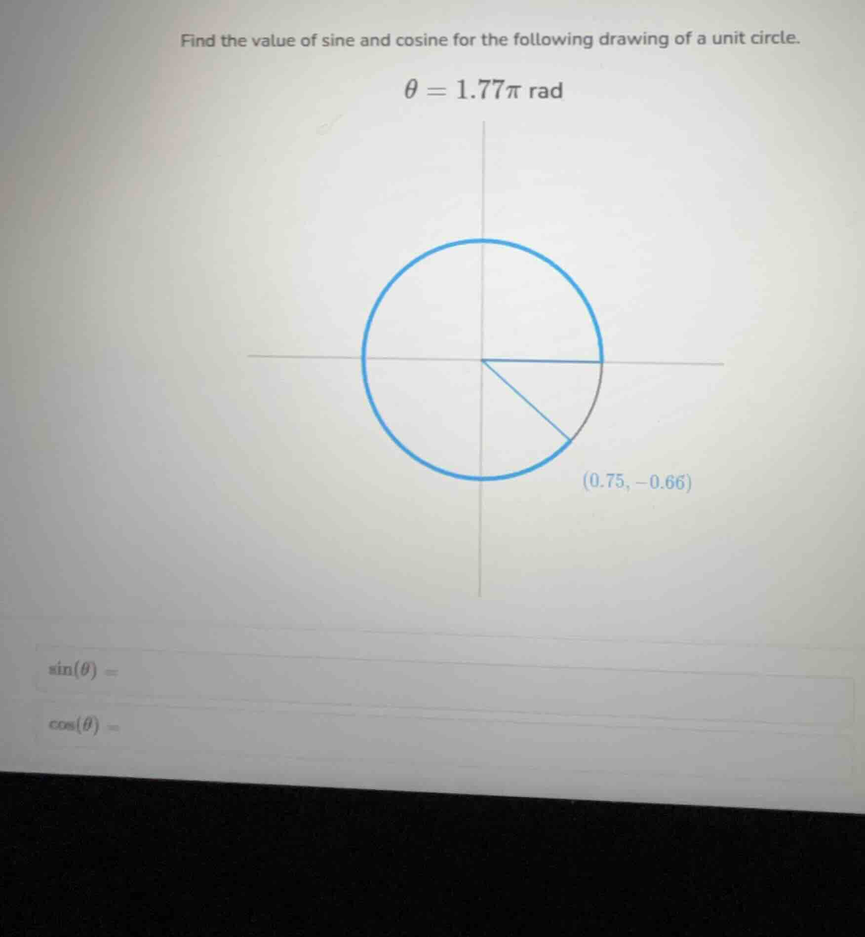 find the value of sine and cosine for the following drawing of a unit c…