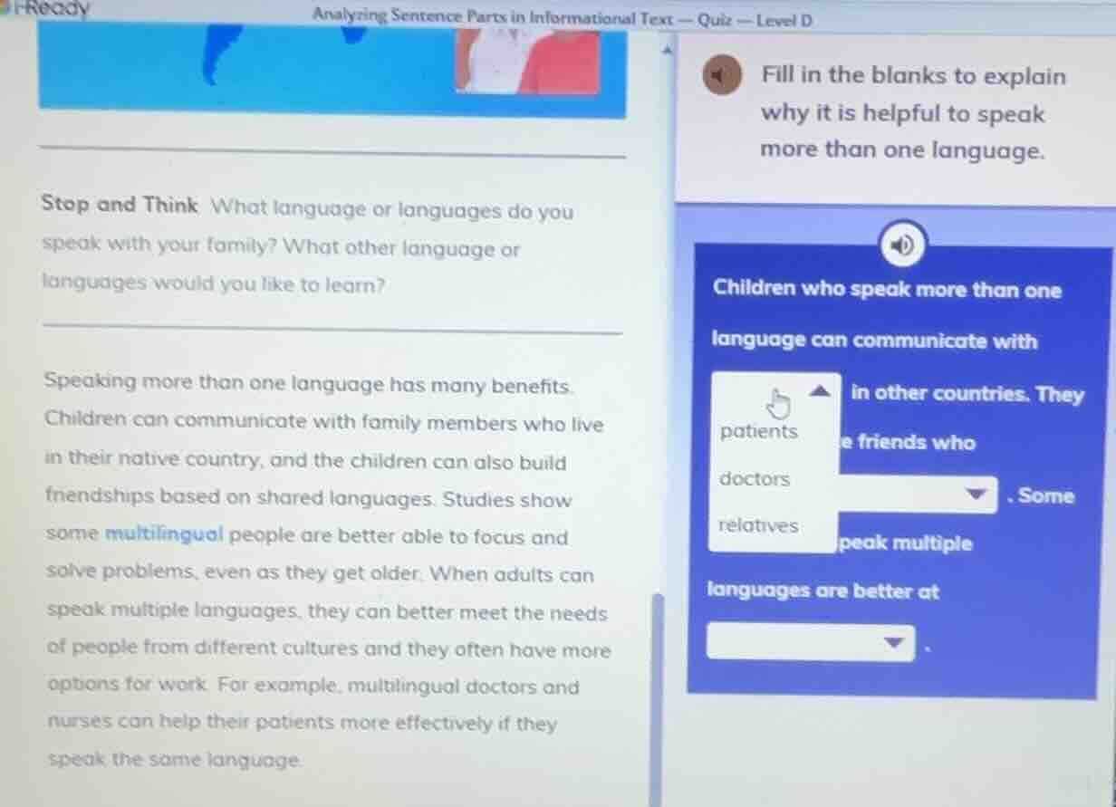analyzing sentence parts in informational text — quiz — level d stop an…