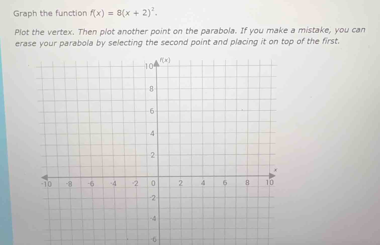 graph the function $f(x) = 8(x + 2)^2$. plot the vertex. then plot anot…