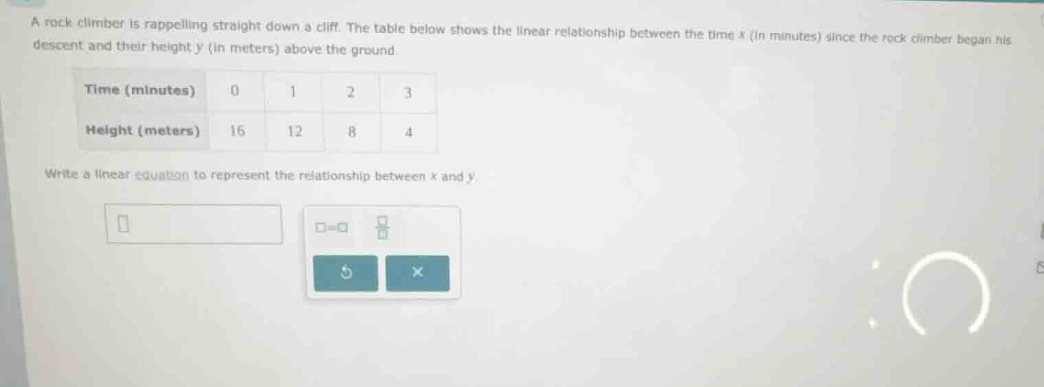 a rock climber is rappelling straight down a cliff. the table below sho…