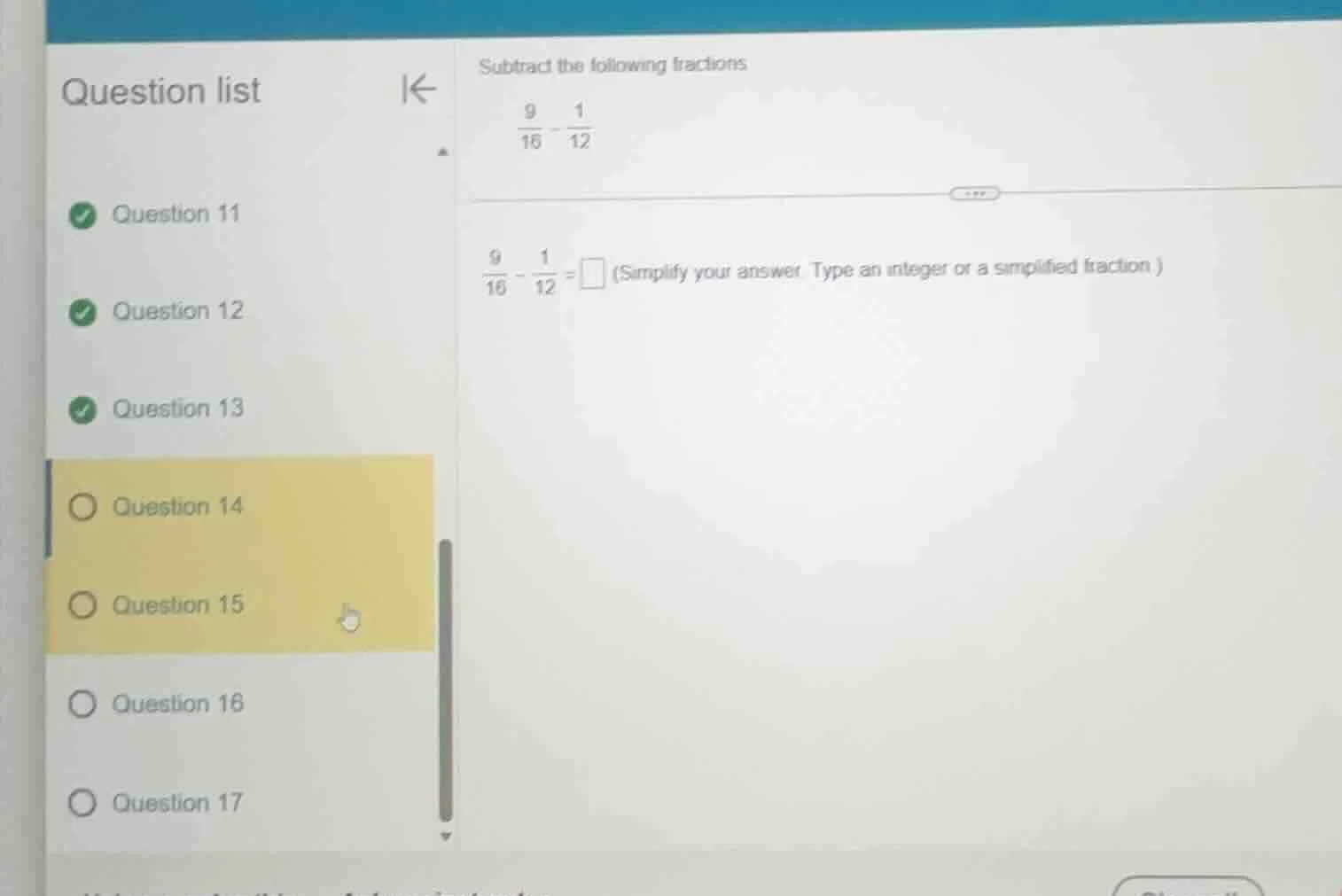 subtract the following fractions \\(\\frac{9}{16} - \\frac{1}{12}\\) \\…