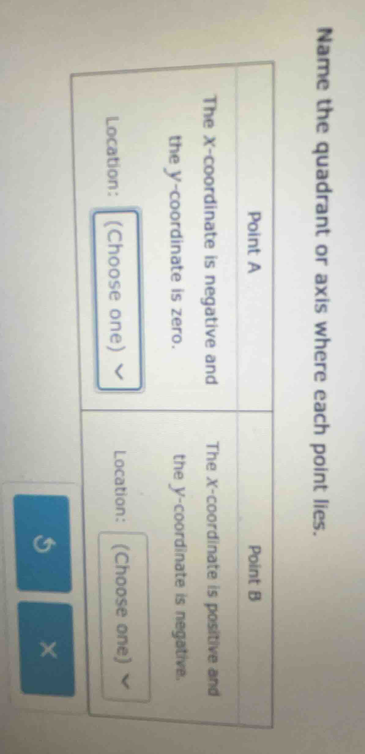 name the quadrant or axis where each point lies. point a the x - coordi…