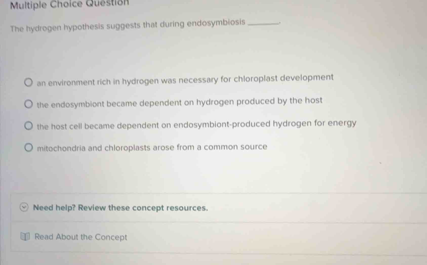 multiple choice question the hydrogen hypothesis suggests that during e…