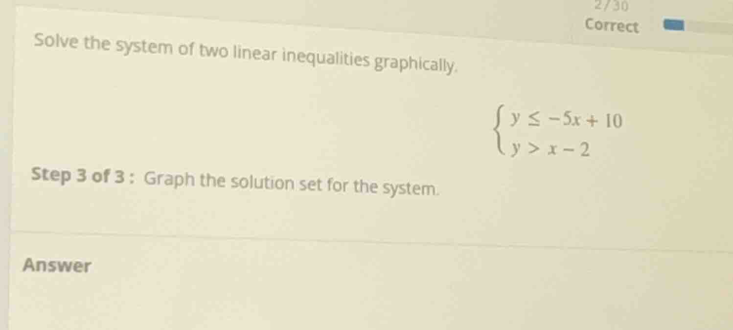 solve the system of two linear inequalities graphically.\ \\(\\begin{ca…