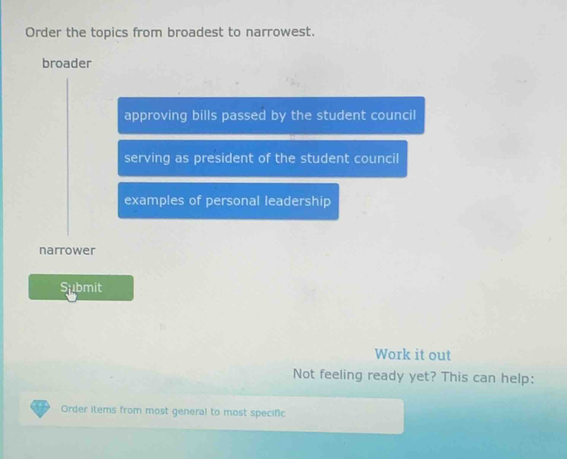order the topics from broadest to narrowest. broader approving bills pa…
