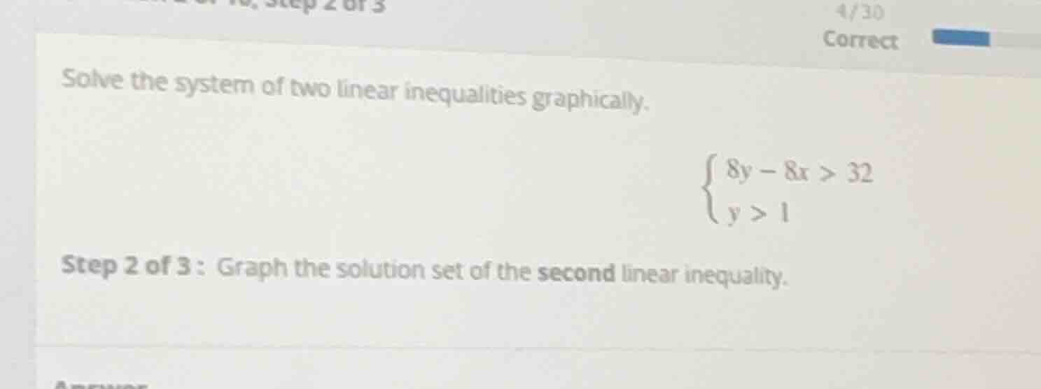 solve the system of two linear inequalities graphically. \\(\\begin{cas…
