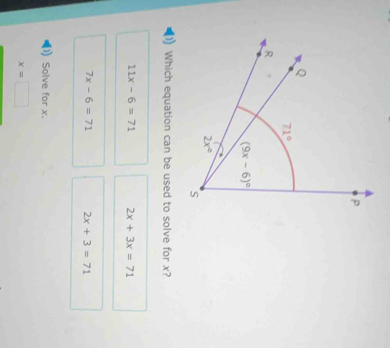 which equation can be used to solve for x? 11x - 6 = 71 7x - 6 = 71 2x …