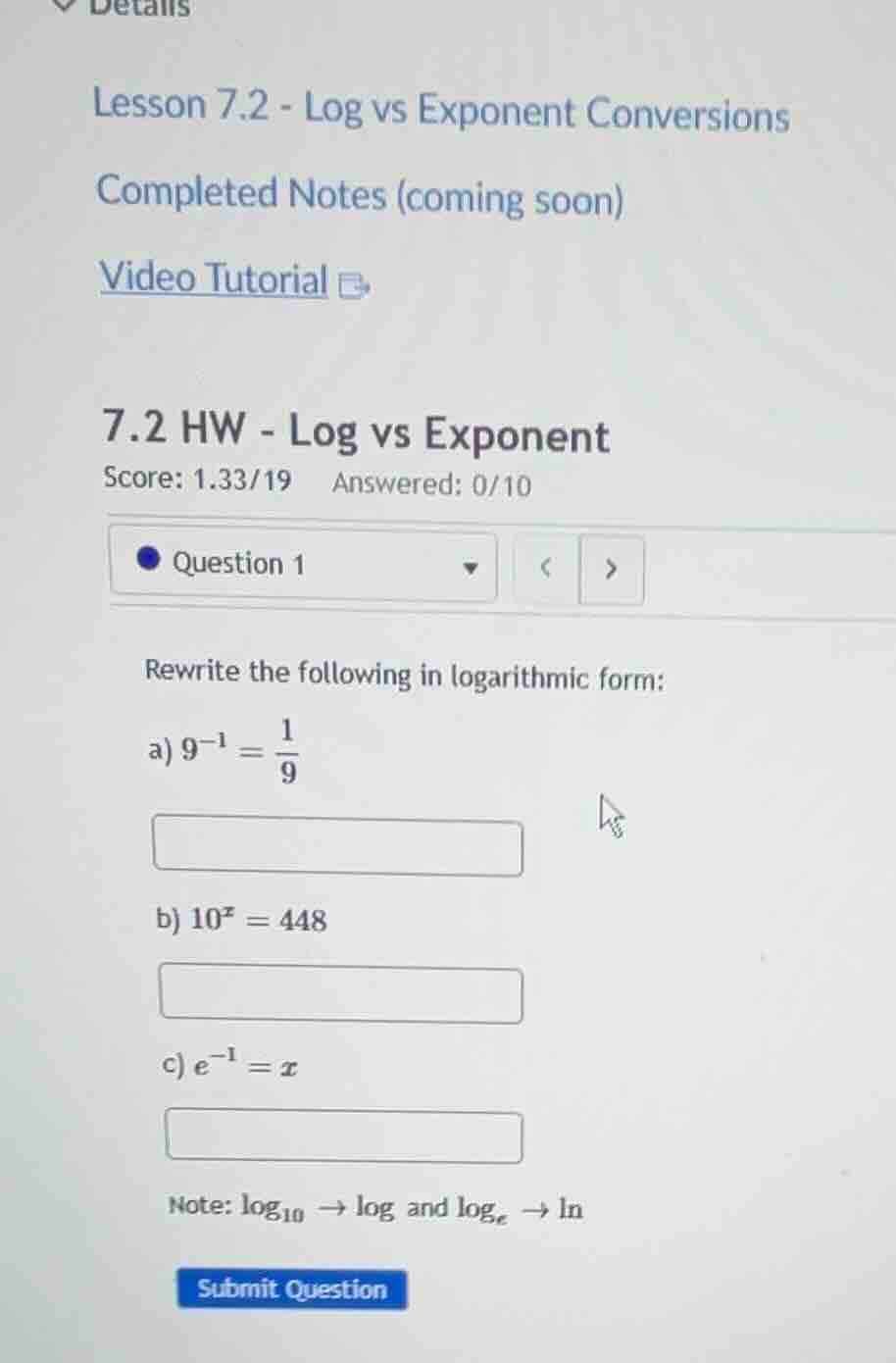 lesson 7.2 - log vs exponent conversions completed notes (coming soon) …