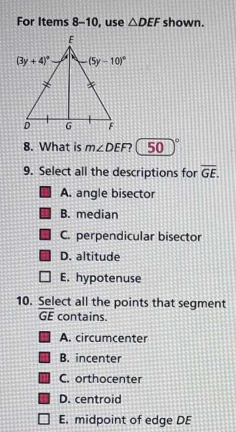 for items 8–10, use $\\triangle def$ shown. 8. what is $m\\angle def$? …