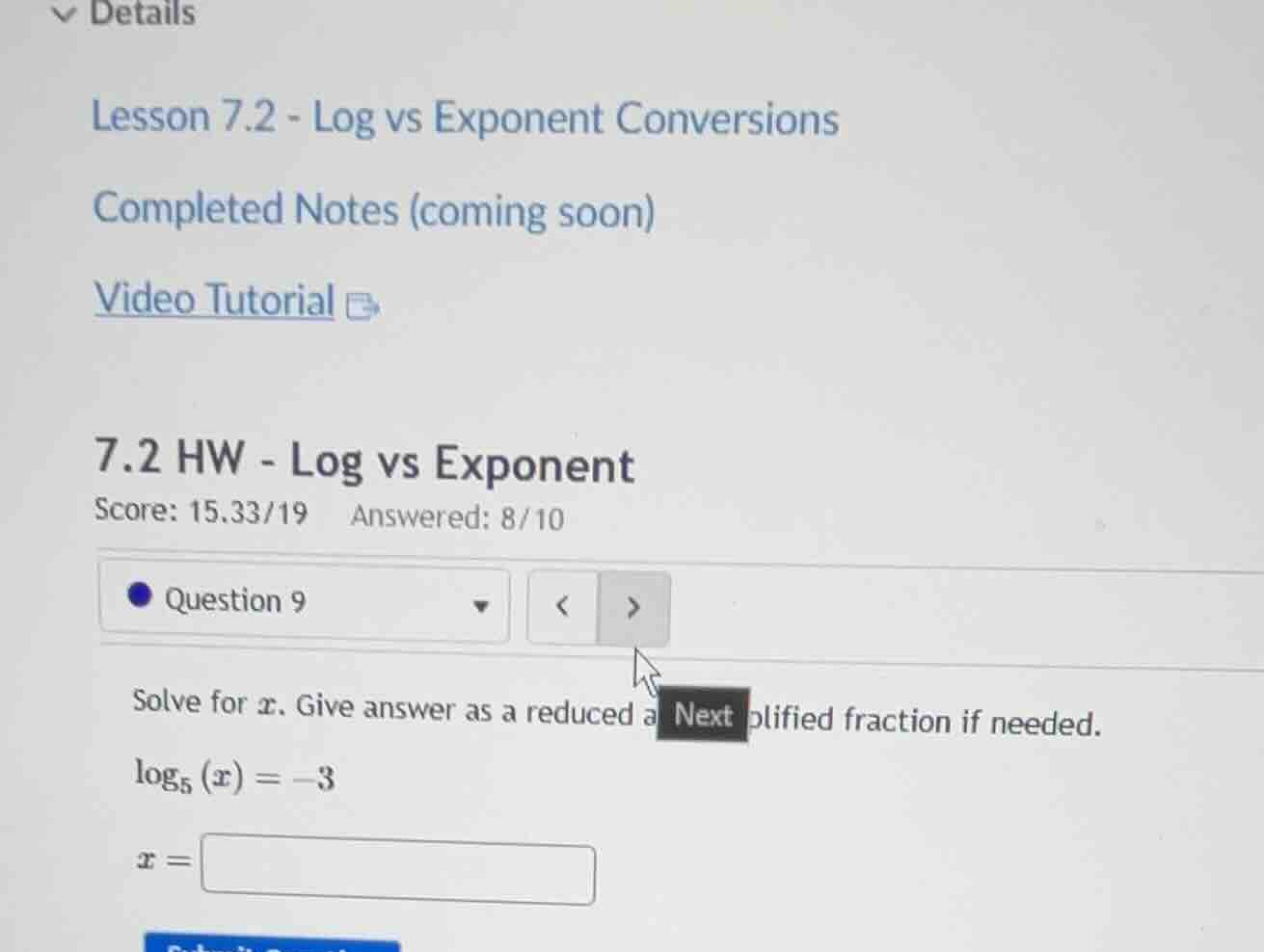 details lesson 7.2 - log vs exponent conversions completed notes (comin…