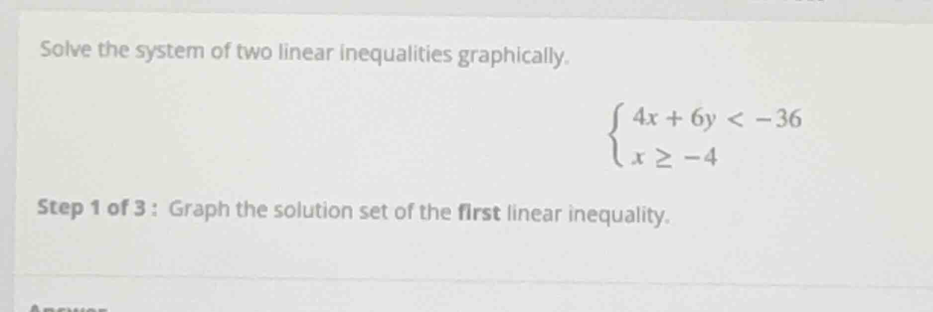 solve the system of two linear inequalities graphically.\\begin{cases}4…
