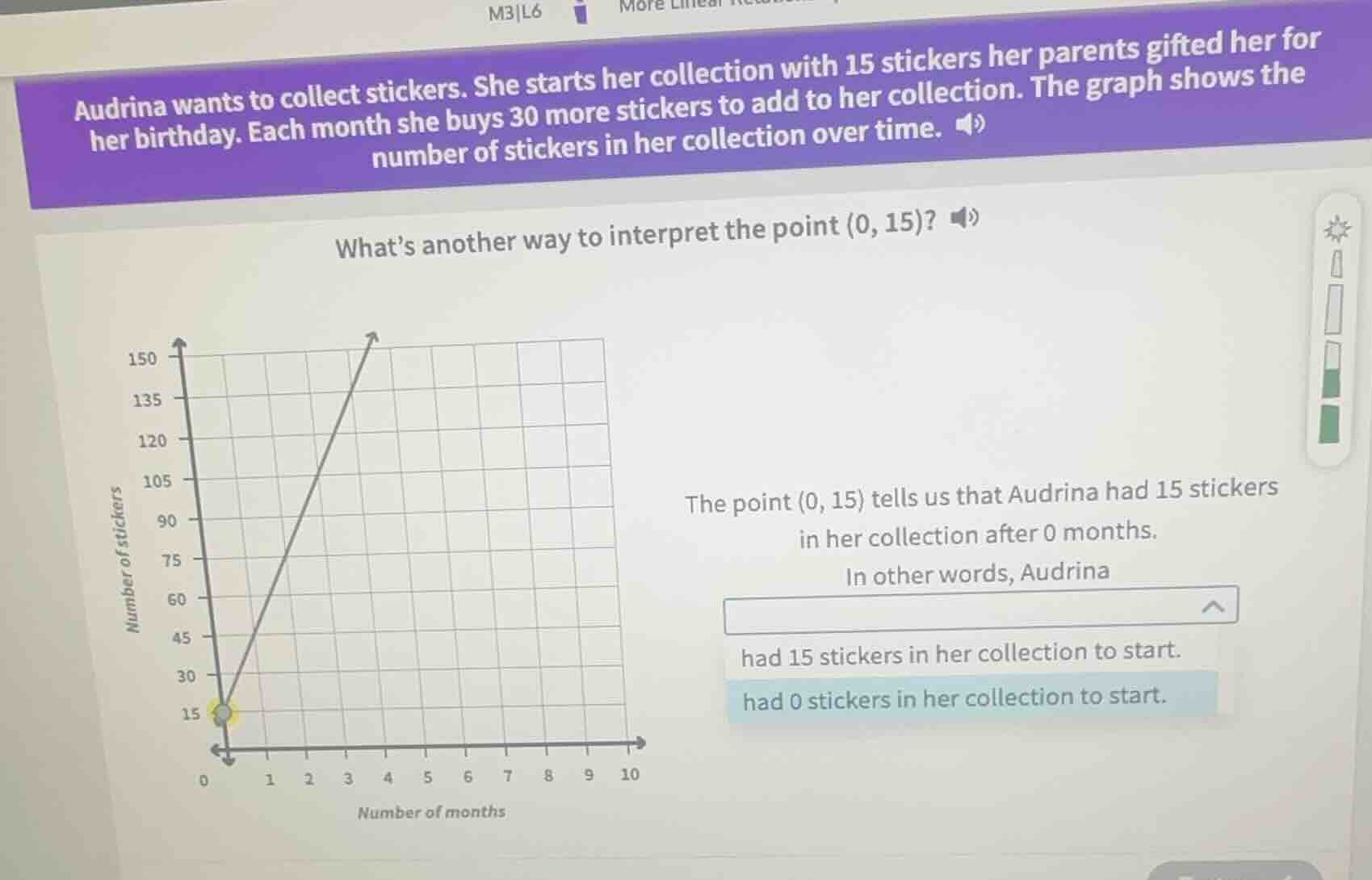 audrina wants to collect stickers. she starts her collection with 15 st…