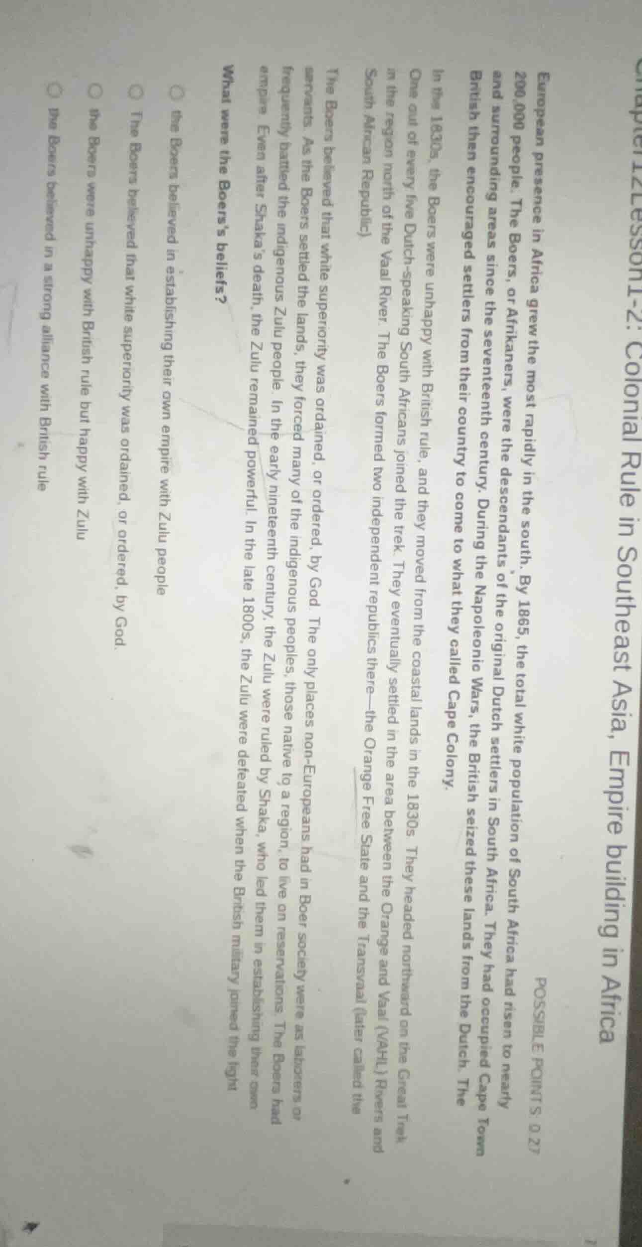 european presence in africa grew the most rapidly in the south. by 1865…