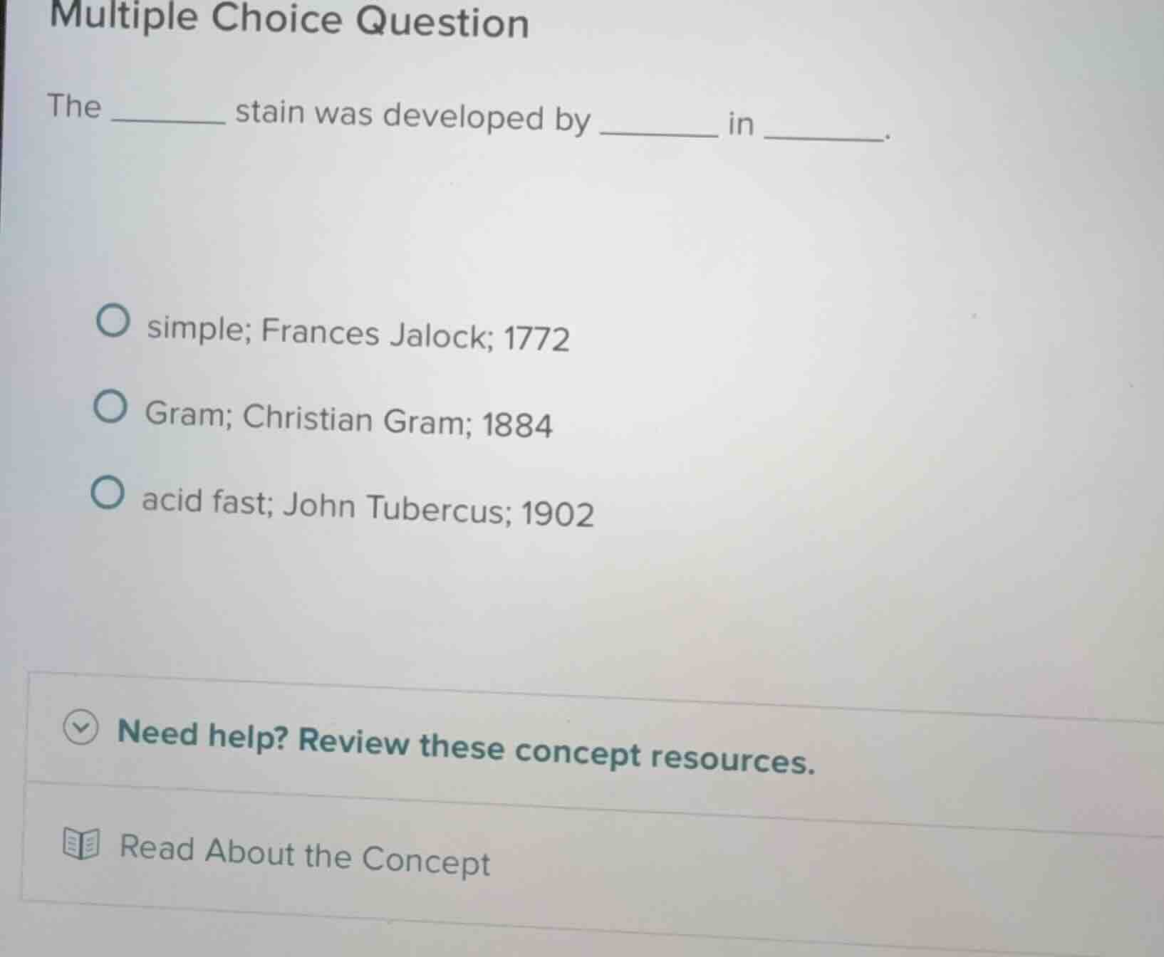 multiple choice question the ______ stain was developed by ______ in __…