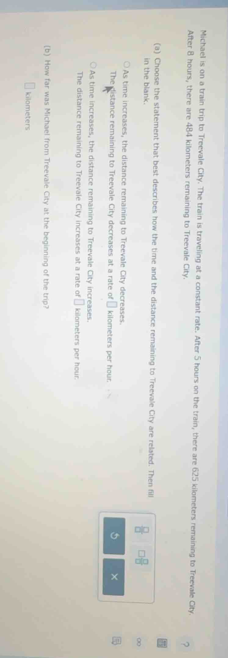 michael is on a train trip to treevale city. the train is traveling at …