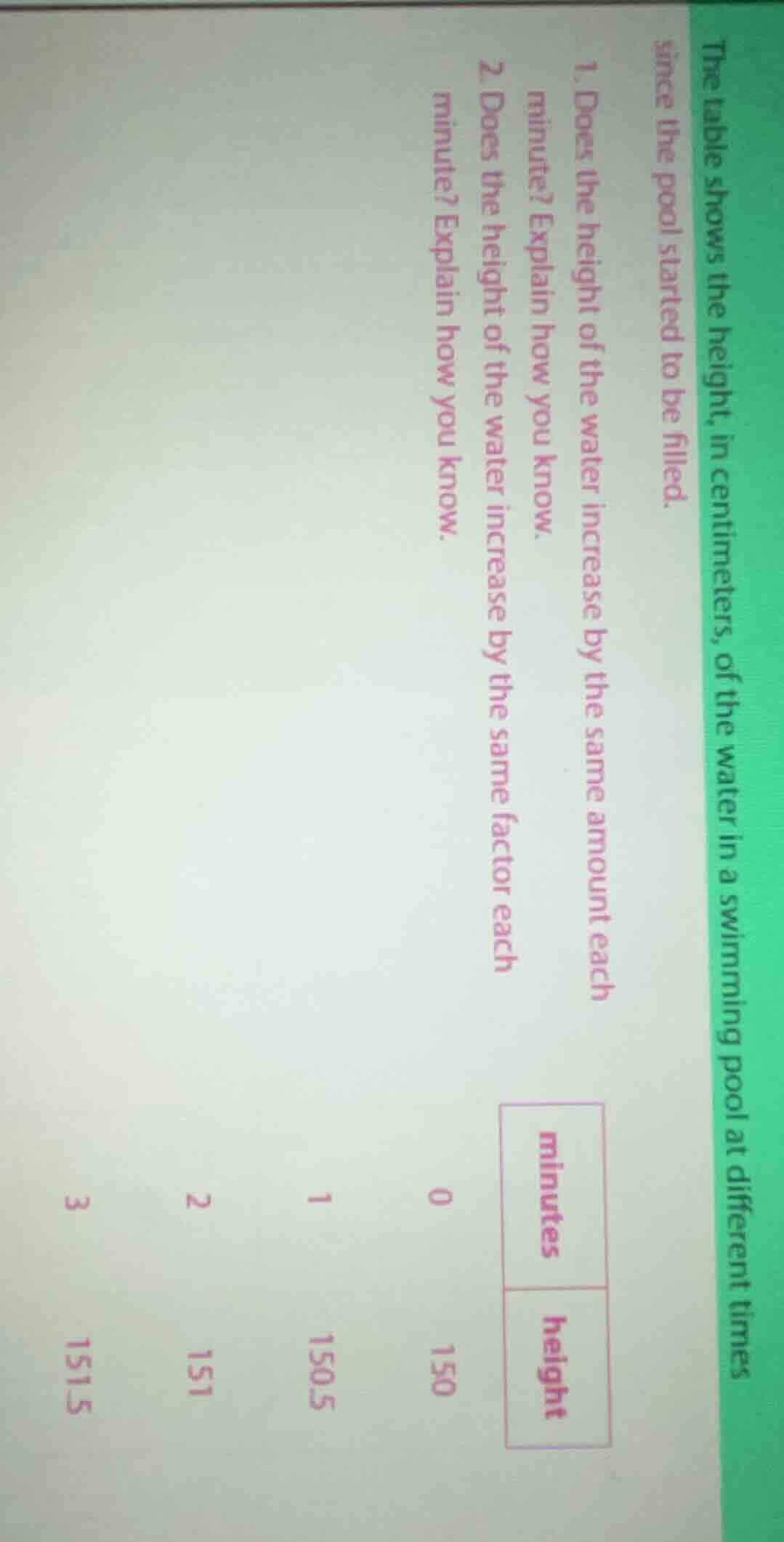 the table shows the height, in centimeters, of the water in a swimming …