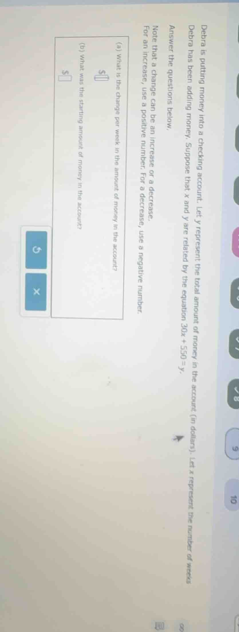 debra is putting money into a checking account. let y represent the tot…