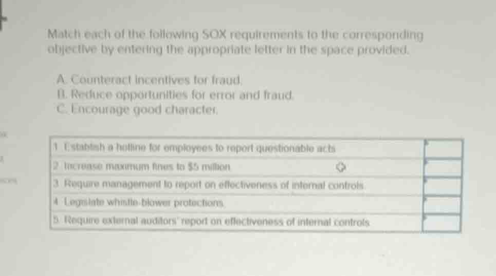 match each of the following sox requirements to the corresponding objec…