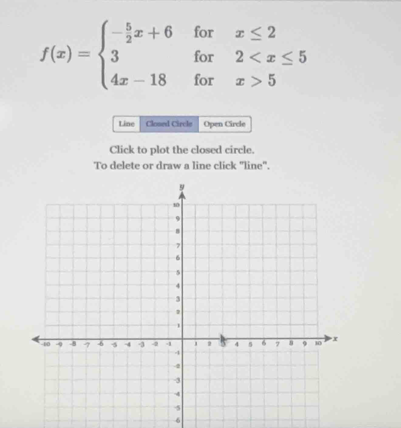 f(x) = \\begin{cases} -\\frac{5}{2}x + 6 & \\text{for} & x \\leq 2 \\\\…