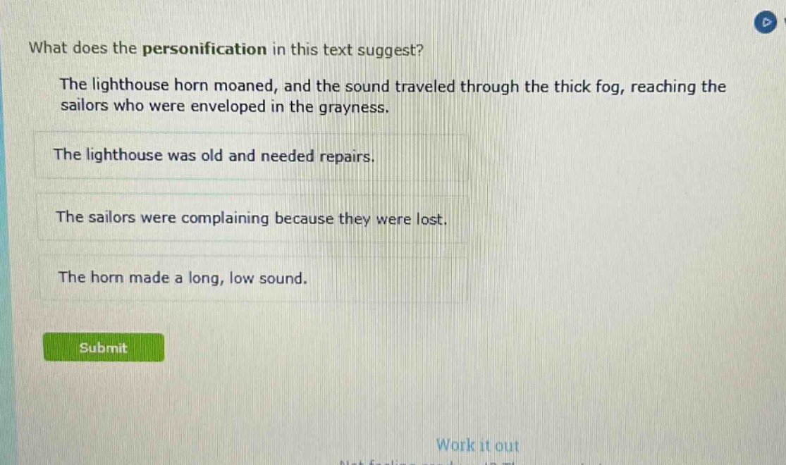 what does the personification in this text suggest? the lighthouse horn…