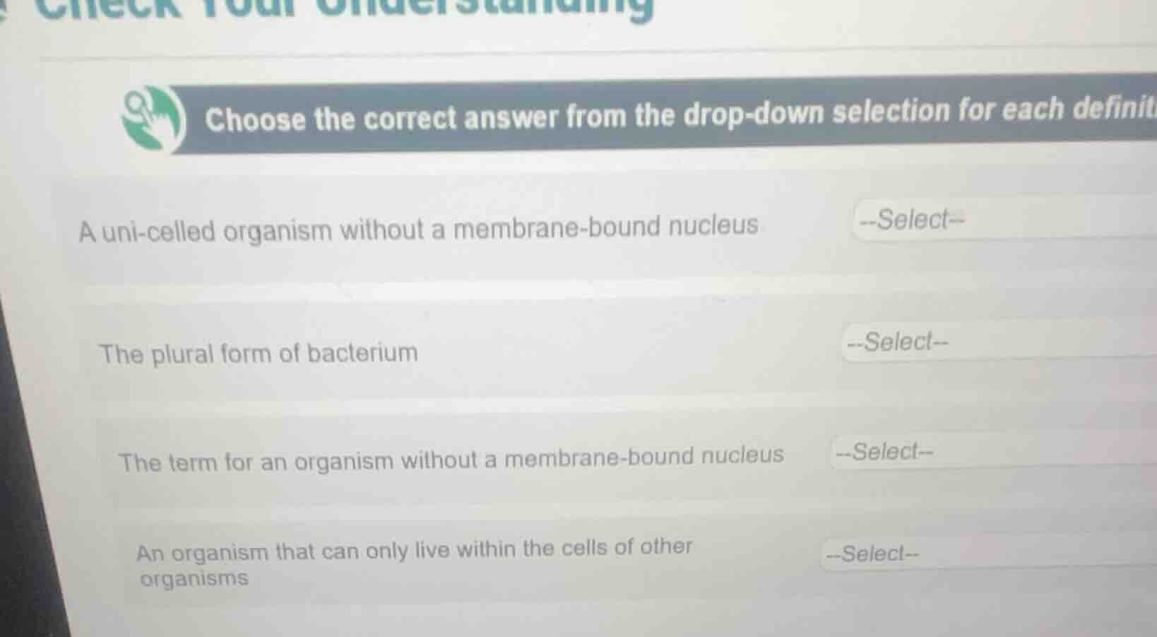 choose the correct answer from the drop - down selection for each defin…