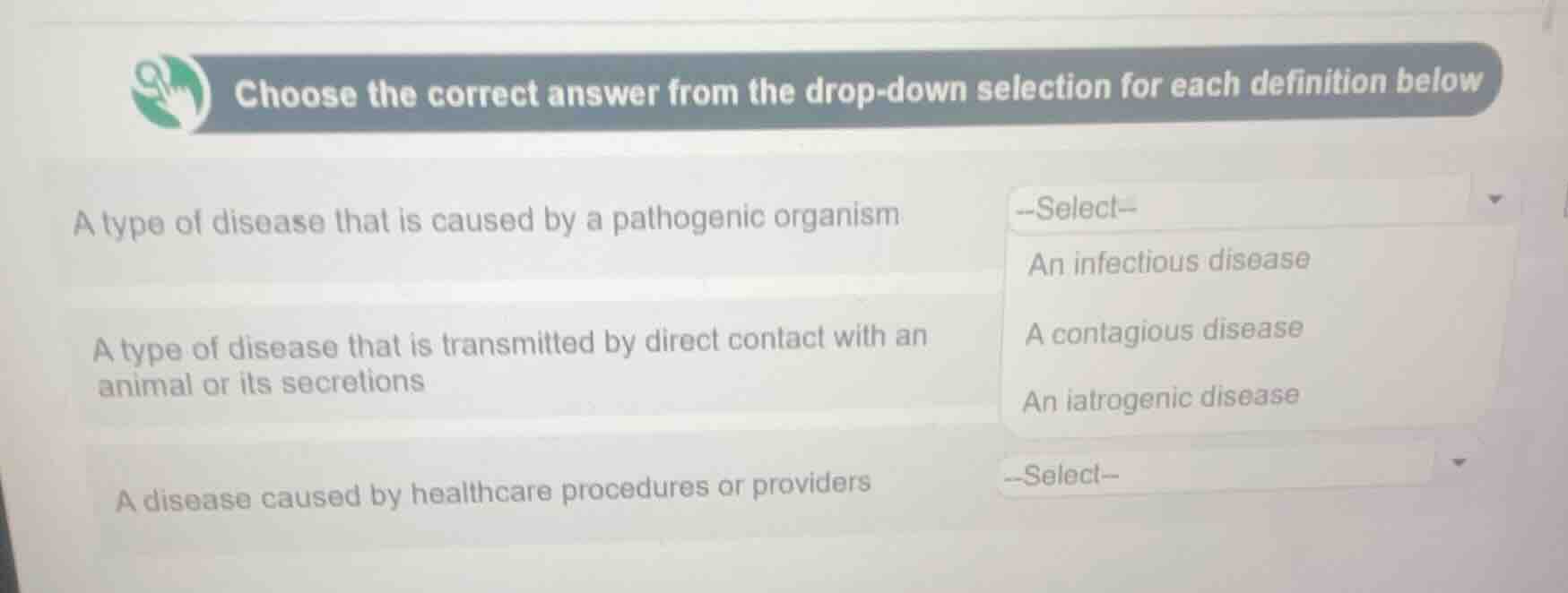 choose the correct answer from the drop - down selection for each defin…