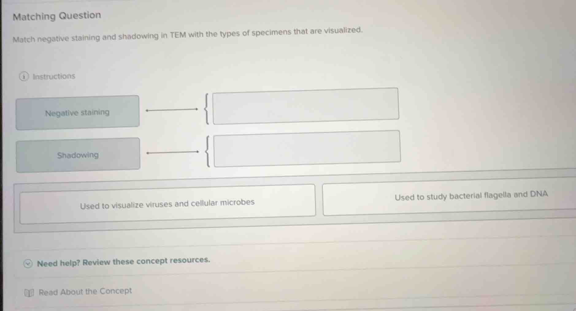 matching question match negative staining and shadowing in tem with the…
