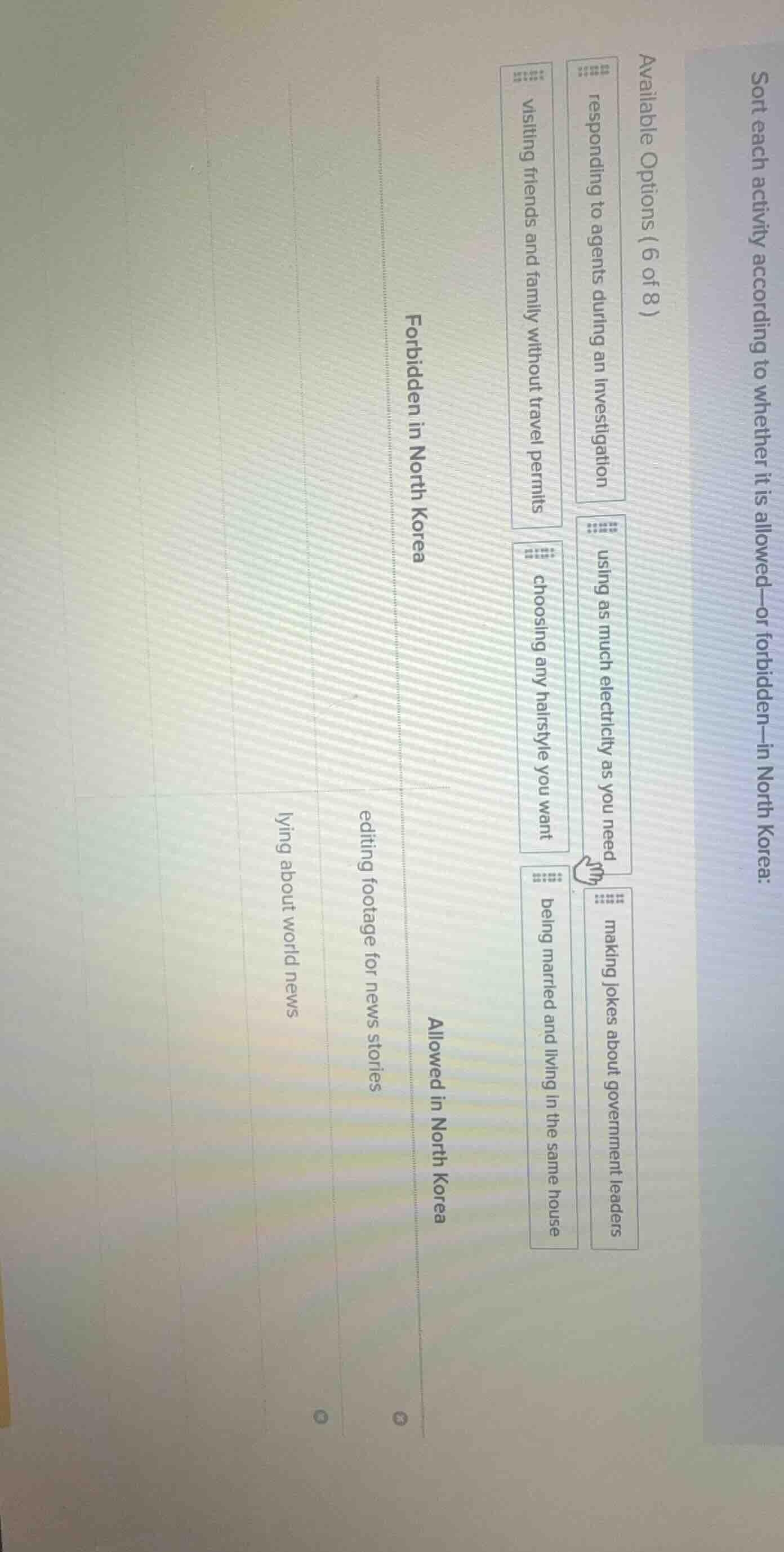 sort each activity according to whether it is allowed—or forbidden—in n…