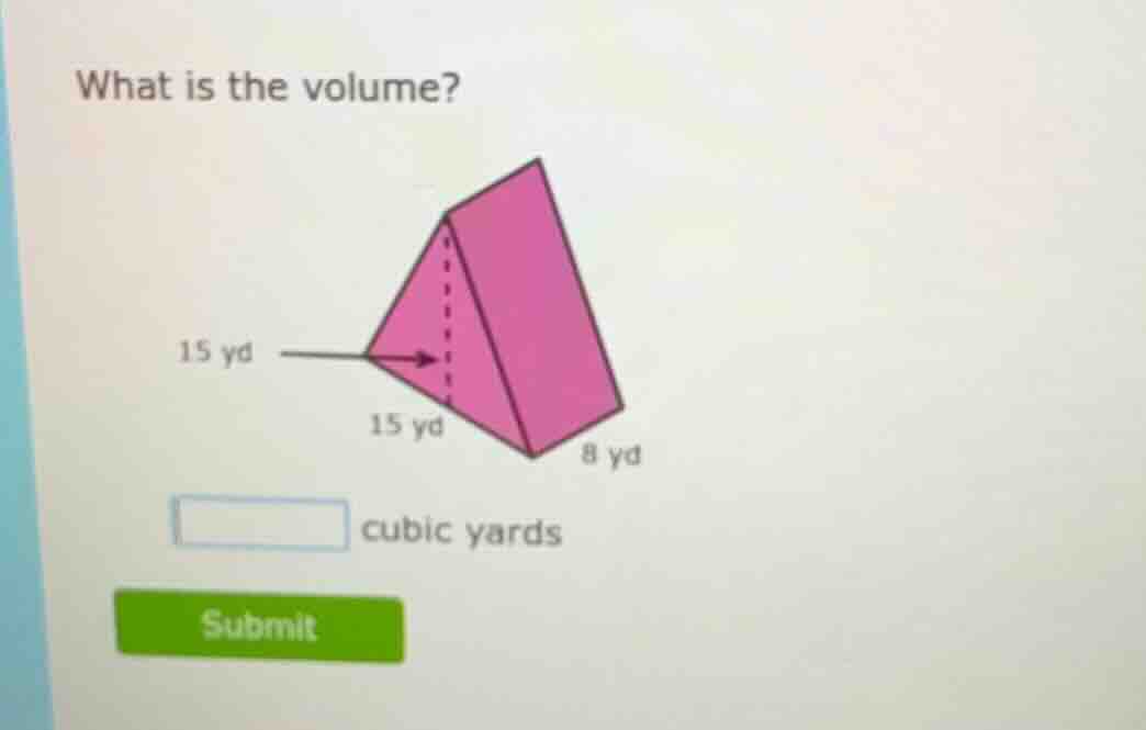 what is the volume? 15 yd 15 yd 8 yd cubic yards submit