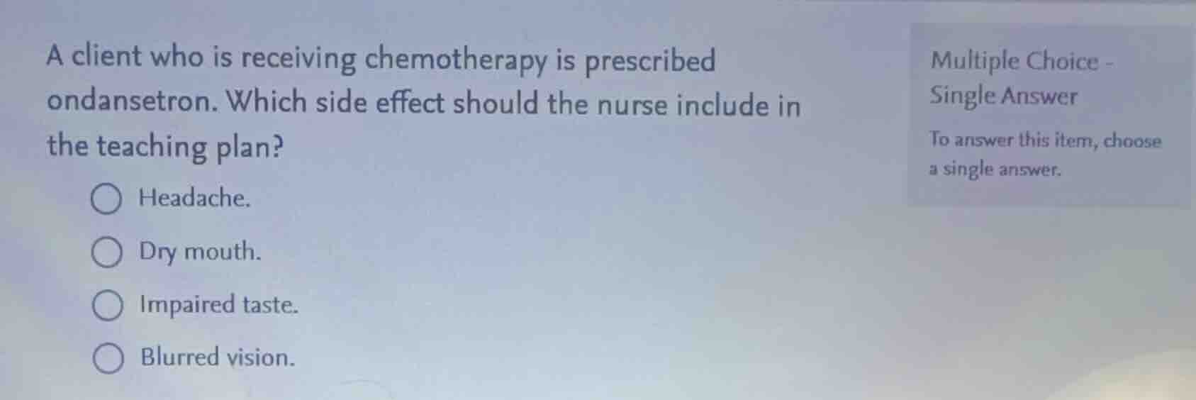 a client who is receiving chemotherapy is prescribed ondansetron. which…