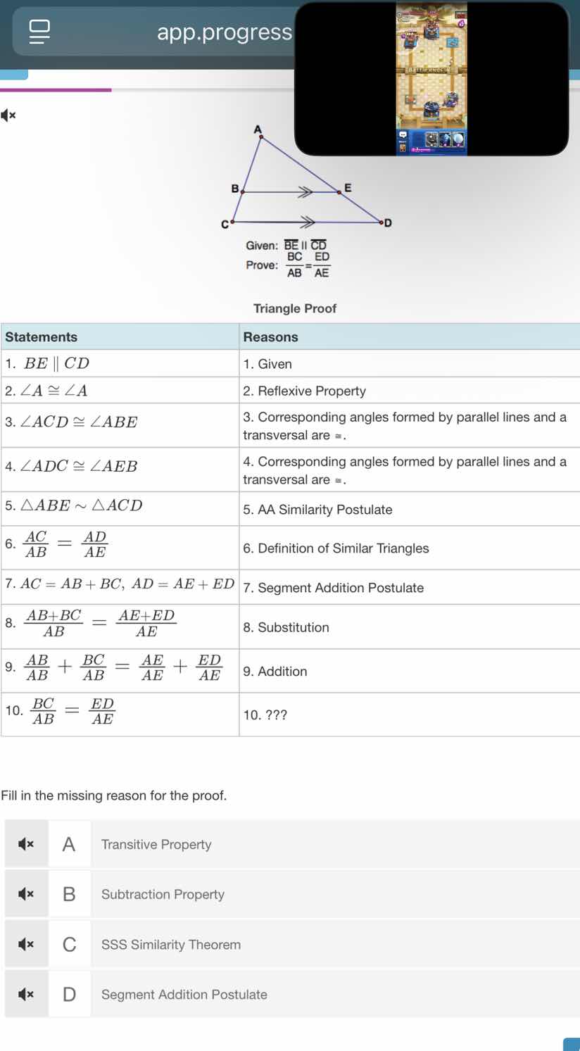 given: $be \\parallel cd$ prove: $\\frac{bc}{ab} = \\frac{ed}{ae}$ tria…