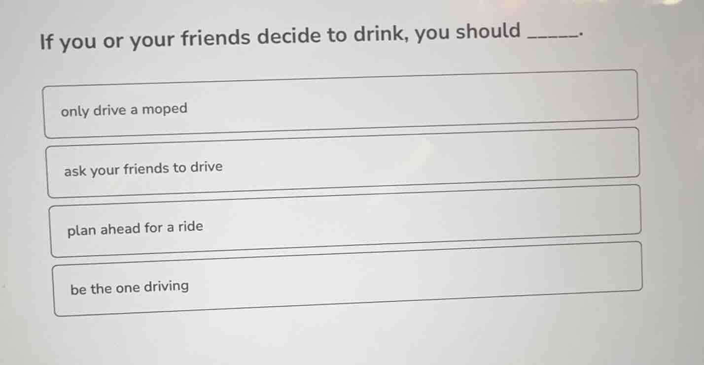 if you or your friends decide to drink, you should ______. only drive a…