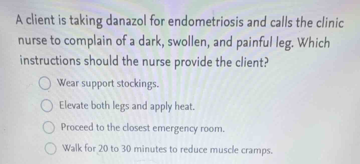 a client is taking danazol for endometriosis and calls the clinic nurse…