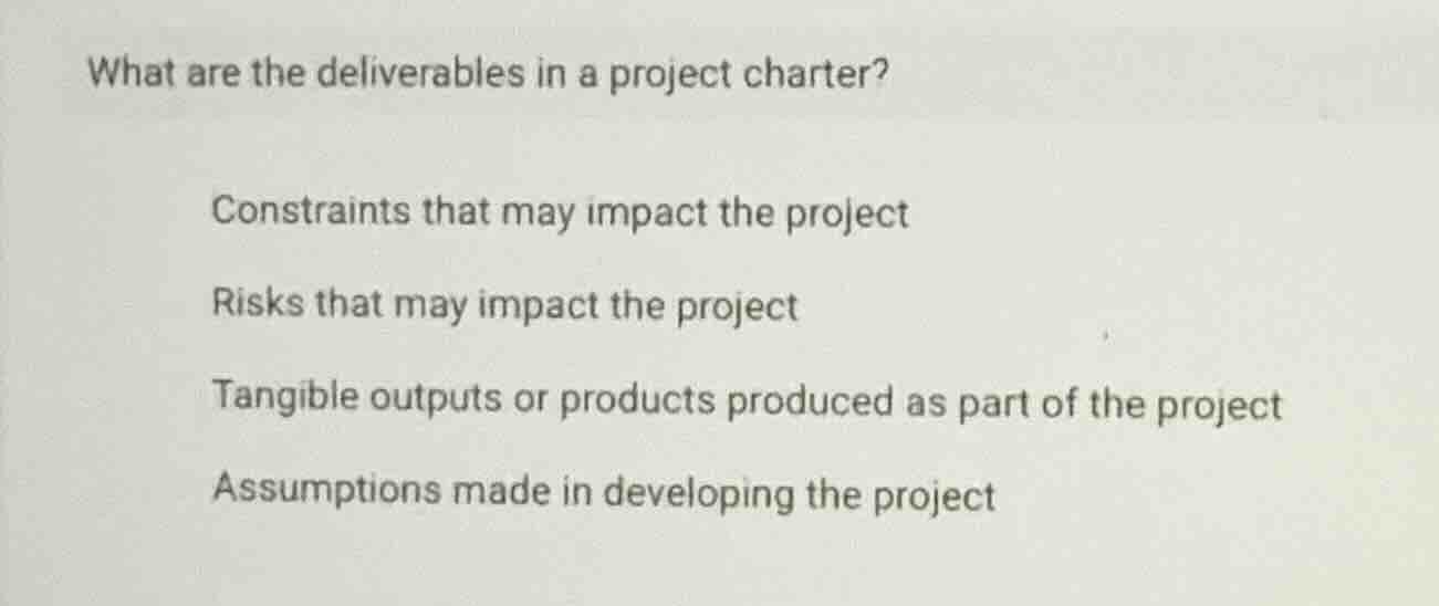 what are the deliverables in a project charter? constraints that may im…