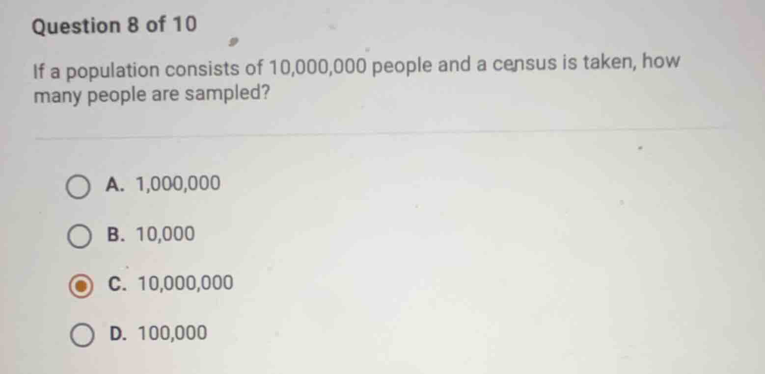 question 8 of 10 if a population consists of 10,000,000 people and a ce…