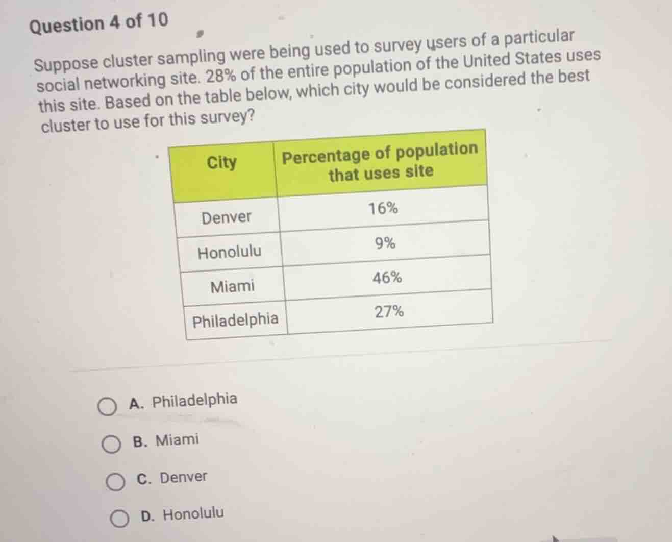 question 4 of 10 suppose cluster sampling were being used to survey use…